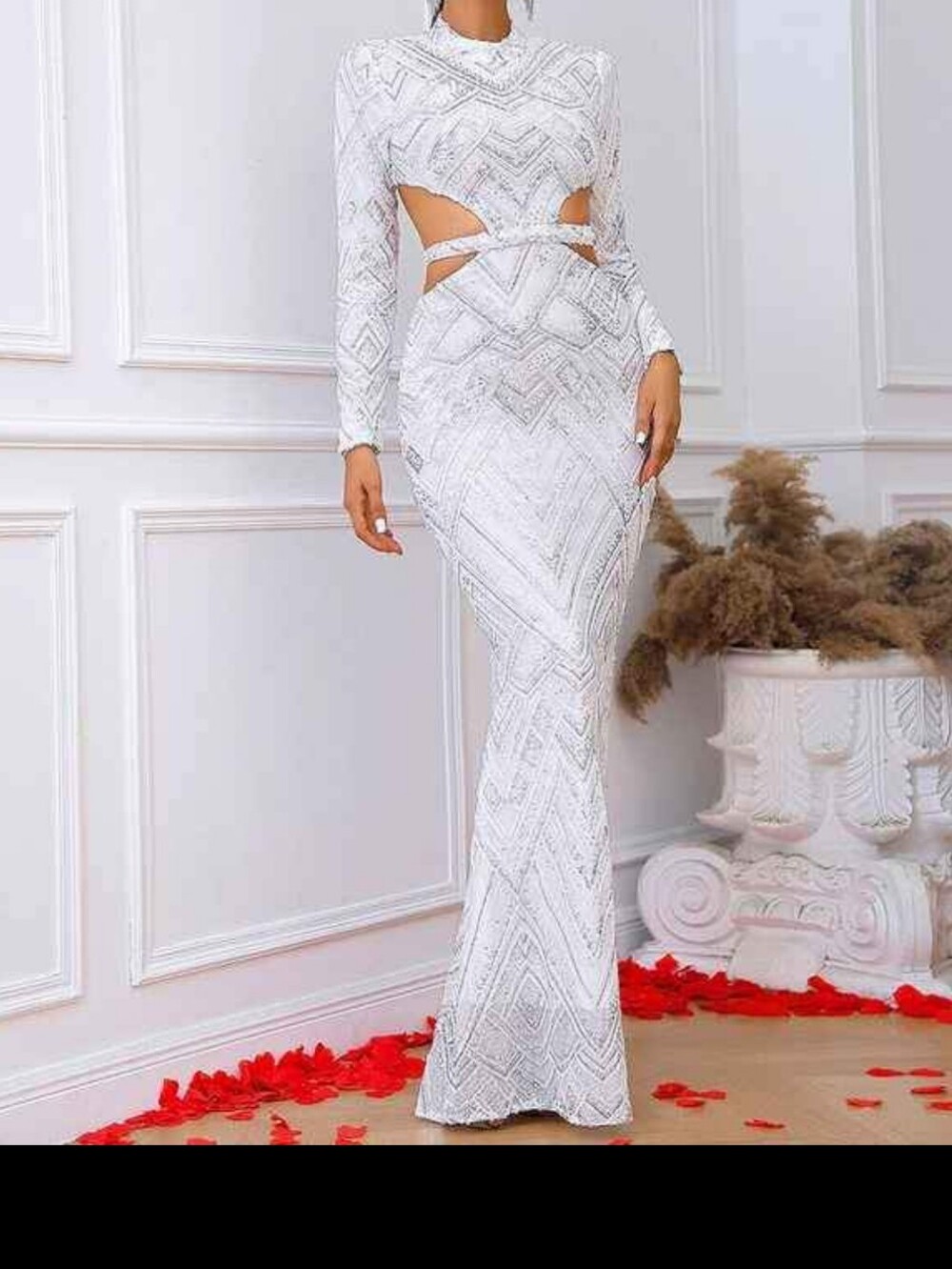 Elegant White Beaded Cutout Evening Gown